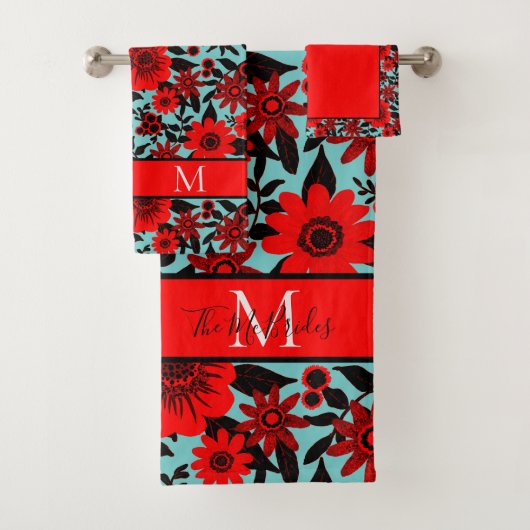 Monogram Rood, Zwart en Blauw Oerwoud Bloemenvleer Bad Handdoek (Insitu)