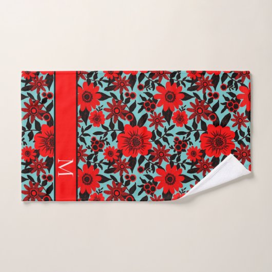 Monogram Rood, Zwart en Blauw Oerwoud Bloemenvleer Bad Handdoek (Handdoek)