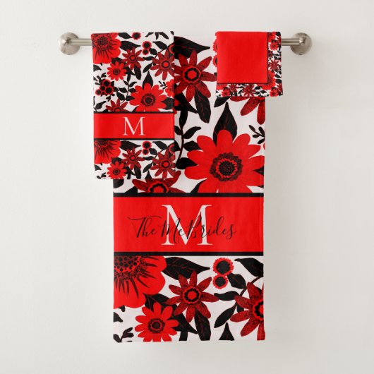 Monogram Rood, Zwart en Wit Oerwoud Bloemen Bad Handdoek (Insitu)