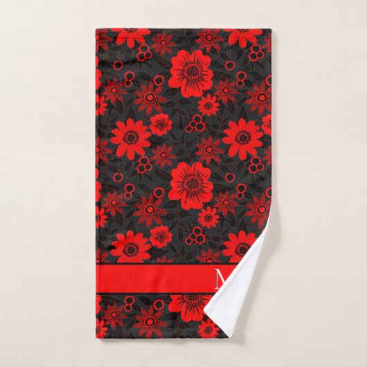 Monogram Rood, Zwart en Wit Oerwoud Bloemen Bad Handdoek (Handdoek)