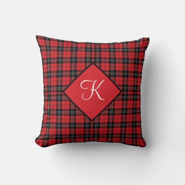 Monogram Rood Zwart Wit Tartan Buffalo Plaid  Kussen (Voorkant)