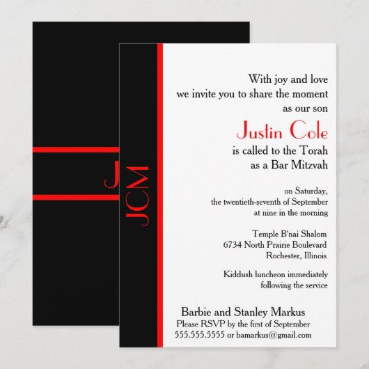 Monogram Rood Zwarte Bar Mitzvah op Wit Kaart (Voorkant / Achterkant)
