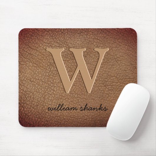 Monogram roodbruin leer gouden script naam muismat (Met muis)