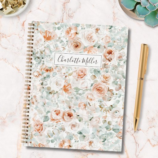 Monogram Roos Bloemen Eucalyptus Bladeren Bloemen Notitieboek