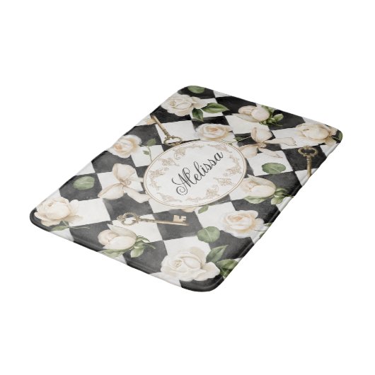 Monogram  Roos Bloemen Zwart Wit Diamant Badmat (Gekanteld)