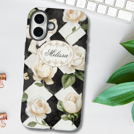 Monogram Roos Bloemen Zwart Wit Diamant iPhone 16 Plus Hoesje