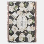 Monogram Roos Bloemen Zwart Wit Diamant Deken (Voorkant Verticaal)
