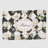Monogram Roos Bloemen Zwart Wit Diamant Golfhanddoek (Horizontaal)