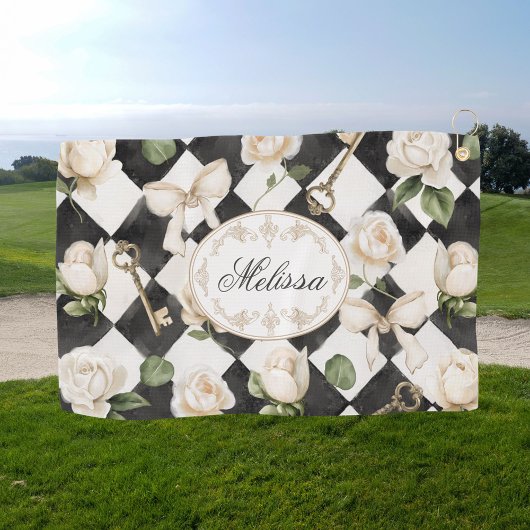 Monogram Roos Bloemen Zwart Wit Diamant Golfhanddoek