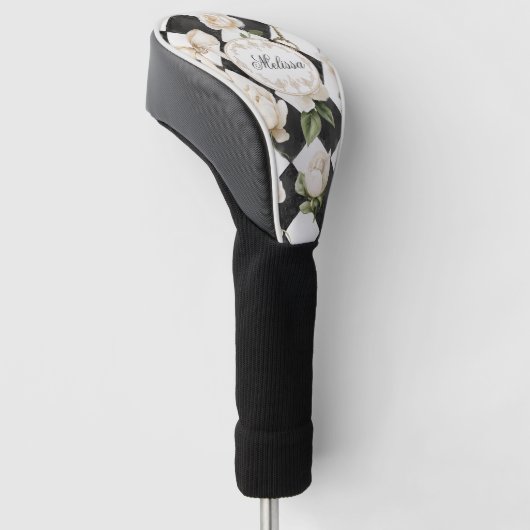 Monogram  Roos Bloemen Zwart Wit Diamant Golfheadcover (Schuin)