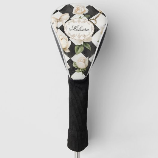 Monogram  Roos Bloemen Zwart Wit Diamant Golfheadcover (Voorkant)
