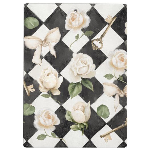 Monogram  Roos Bloemen Zwart Wit Diamant Klembord (Achterkant)