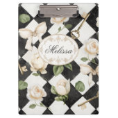 Monogram  Roos Bloemen Zwart Wit Diamant Klembord (Voorkant)