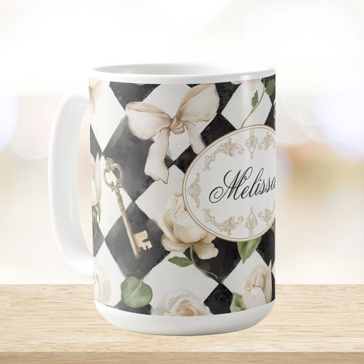 Monogram  Roos Bloemen Zwart Wit Diamant Koffiemok