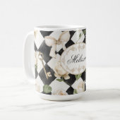 Monogram  Roos Bloemen Zwart Wit Diamant Koffiemok (Voorkant links)