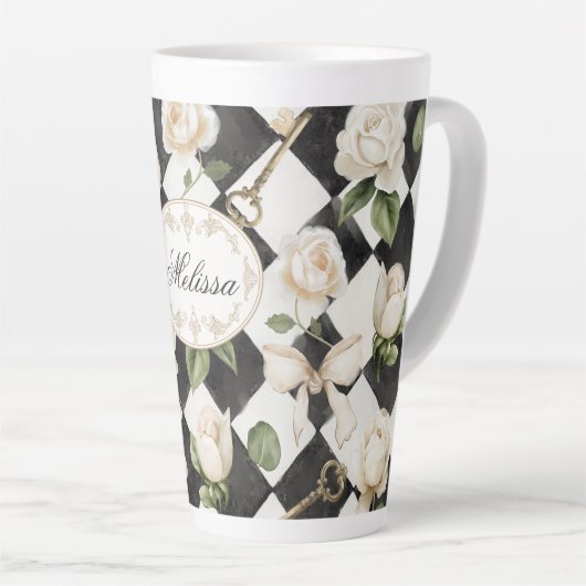 Monogram  Roos Bloemen Zwart Wit Diamant Latte Mok (Rechterhoek)
