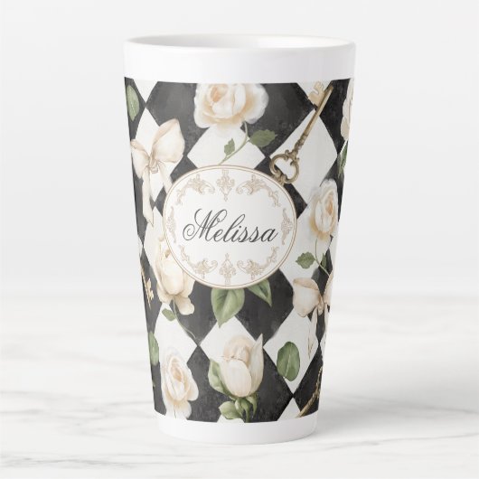 Monogram Roos Bloemen Zwart Wit Diamant Latte Mok (Voorkant)