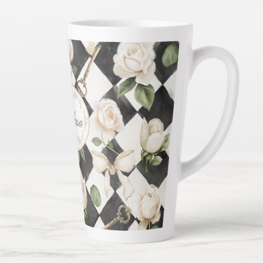 Monogram Roos Bloemen Zwart Wit Diamant Latte Mok (Rechts)