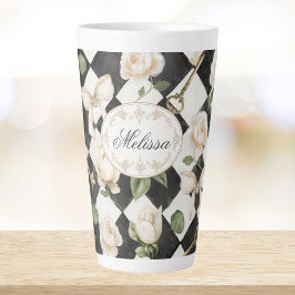 Monogram Roos Bloemen Zwart Wit Diamant Latte Mok