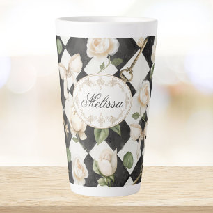 Monogram  Roos Bloemen Zwart Wit Diamant Latte Mok