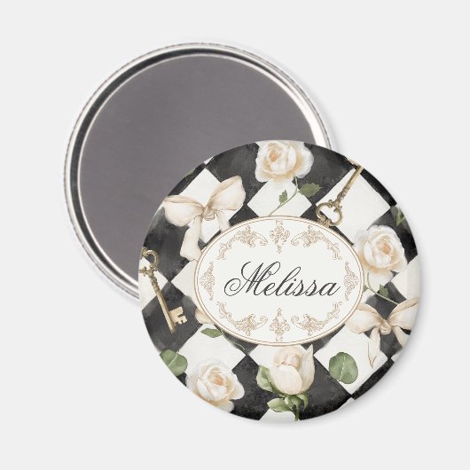 Monogram  Roos Bloemen Zwart Wit Diamant Magneet (Voorkant / Achterkant)
