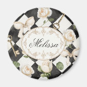 Monogram Roos Bloemen Zwart Wit Diamant Magneet (Voorkant)