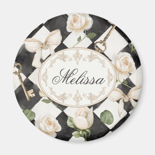 Monogram  Roos Bloemen Zwart Wit Diamant Magneet (Voorkant)