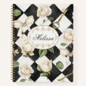 Monogram Roos Bloemen Zwart Wit Diamant Notitieboek (Voorkant)