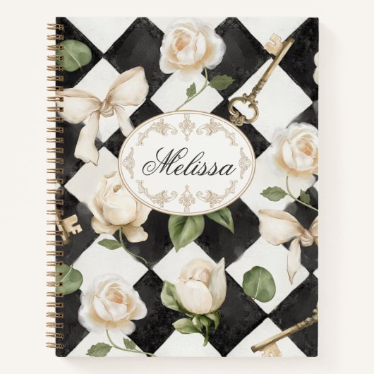 Monogram Roos Bloemen Zwart Wit Diamant Notitieboek (Voorkant)