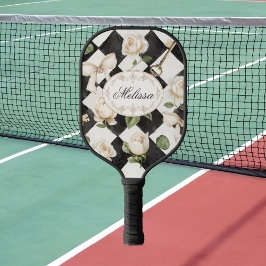 Monogram Roos Bloemen Zwart Wit Diamant Pickleball Paddle