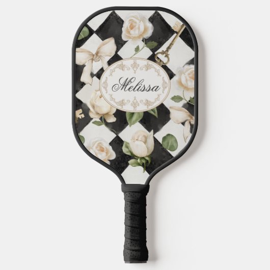 Monogram  Roos Bloemen Zwart Wit Diamant Pickleball Paddle (Voorkant)