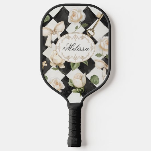Monogram  Roos Bloemen Zwart Wit Diamant Pickleball Paddle (Achterkant)