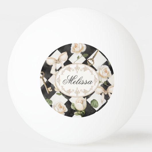 Monogram Roos Bloemen Zwart Wit Diamant Pingpongbal (Achterkant)
