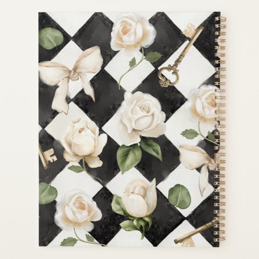 Monogram  Roos Bloemen Zwart Wit Diamant Planner (Achterkant)