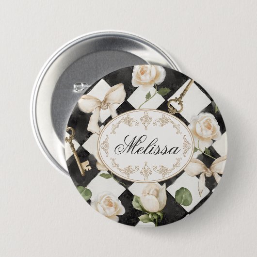 Monogram Roos Bloemen Zwart Wit Diamant Ronde Button 7,6 Cm (Voorkant /achterkant)