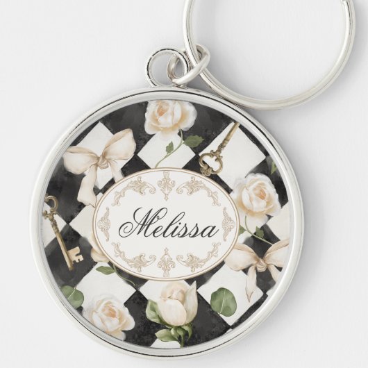 Monogram  Roos Bloemen Zwart Wit Diamant Sleutelhanger (Voorkant)