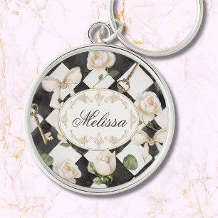 Monogram  Roos Bloemen Zwart Wit Diamant Sleutelhanger