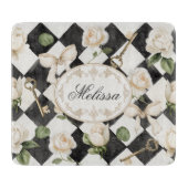 Monogram  Roos Bloemen Zwart Wit Diamant Snijplank (Voorkant)