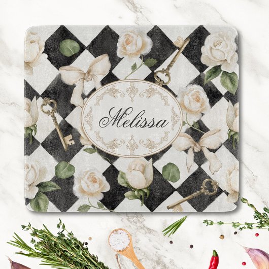 Monogram  Roos Bloemen Zwart Wit Diamant Snijplank