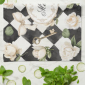 Monogram Roos Bloemen Zwart Wit Diamant Theedoek (Gevouwen)