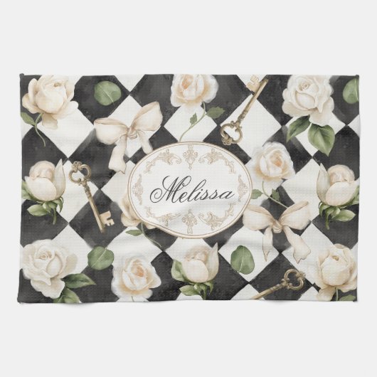 Monogram Roos Bloemen Zwart Wit Diamant Theedoek (Horizontaal)