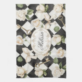 Monogram Roos Bloemen Zwart Wit Diamant Theedoek (Verticaal)