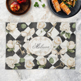 Monogram Roos Bloemen Zwart Wit Diamant Theedoek