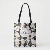 Monogram Roos Bloemen Zwart Wit Diamant Tote Bag (Voorkant)