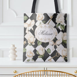 Monogram Roos Bloemen Zwart Wit Diamant Tote Bag