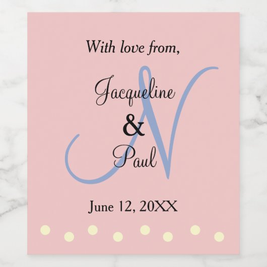 Monogram Roos Blue Polka Dots Wijn Etiket (Enkel label)