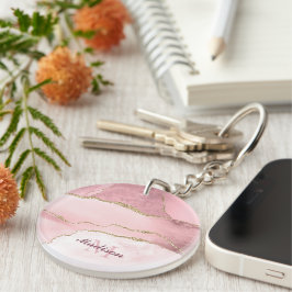 Monogram roos Blush en Glitter Agate Sleutelhanger