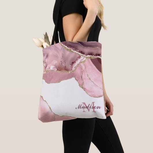 Monogram roos Blush en Glitter Agate Tote Bag (Dichtbij)