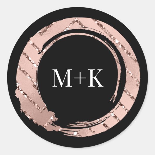 Monogram Roos Blush Lijst Bridal Weddenschap Black Ronde Sticker (Voorkant)