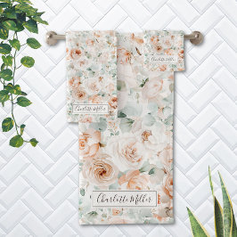 Monogram Roos Eucalyptus Bladeren Groene Bloemen Bad Handdoek